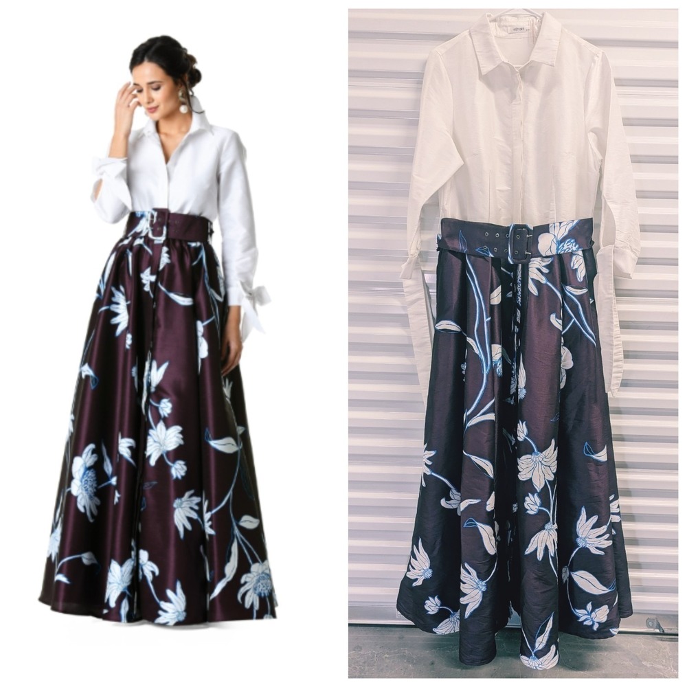 Maximalist Belted White Button Blouse Floral Print Maxi Gown Dress Eshakti 1X